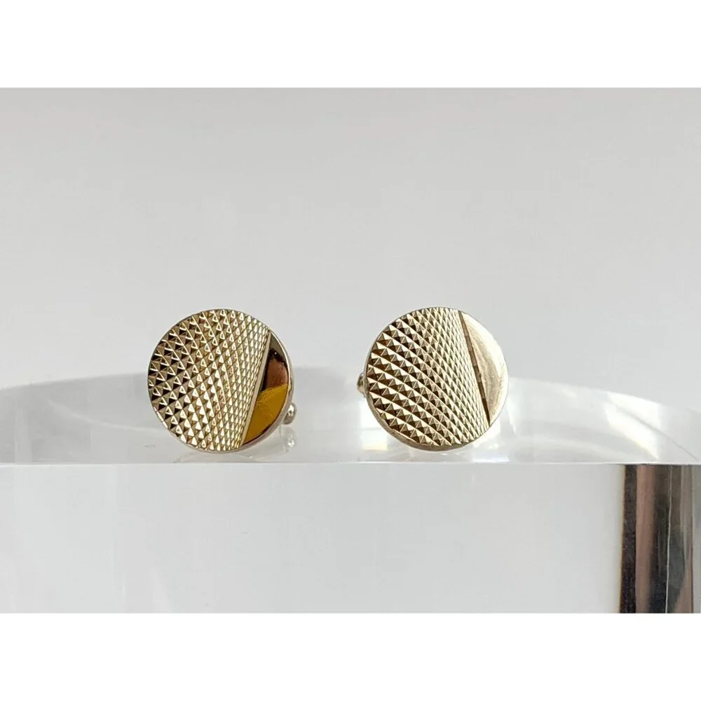 Knurled Textured 80's Style Retro Gold Toned Round Vintage Cuff Links
